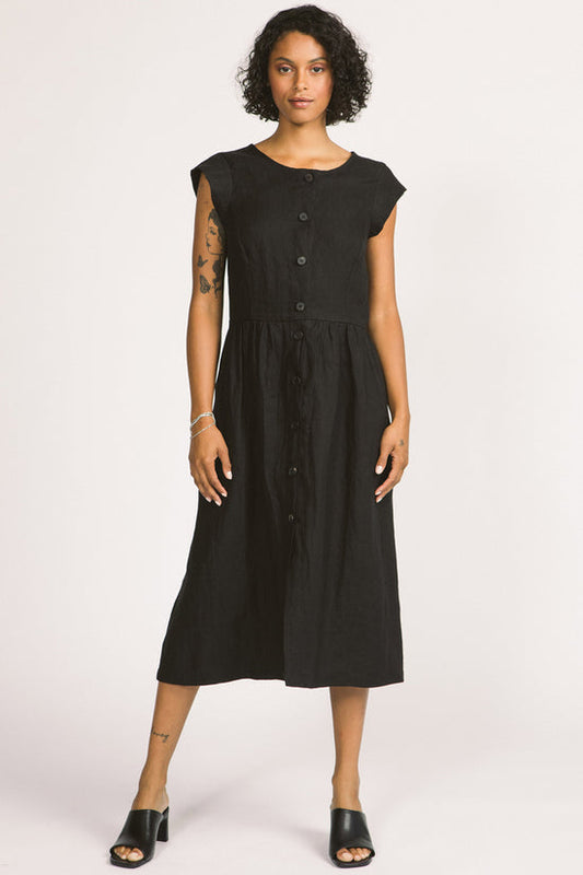 Blythe Dress by Allison Wonderland, Black, midi-dress, button front, cap sleeves, cross-over back, gathered waist, eco-fabric, linen, sizes 2-12, made in Vancouver