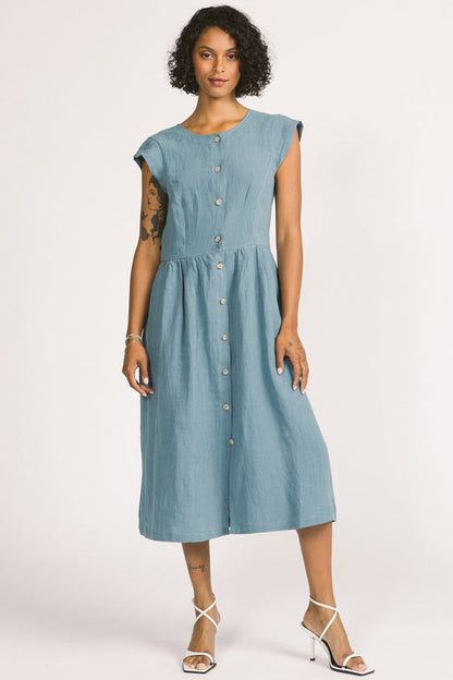 Blythe Dress by Allison Wonderland, Sky, midi-dress, button front, cap sleeves, cross-over back, gathered waist, eco-fabric, linen, sizes 2-12, made in Vancouver