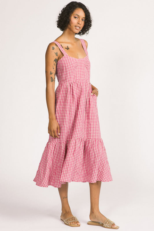 Calista Dress by Allison Wonderland, Pink Gingham, wide straps, sweetheart neckline, gathers at bust and waist, ruffled hem, pockets, 100% linen, sizes 2-12, made in Vancouver