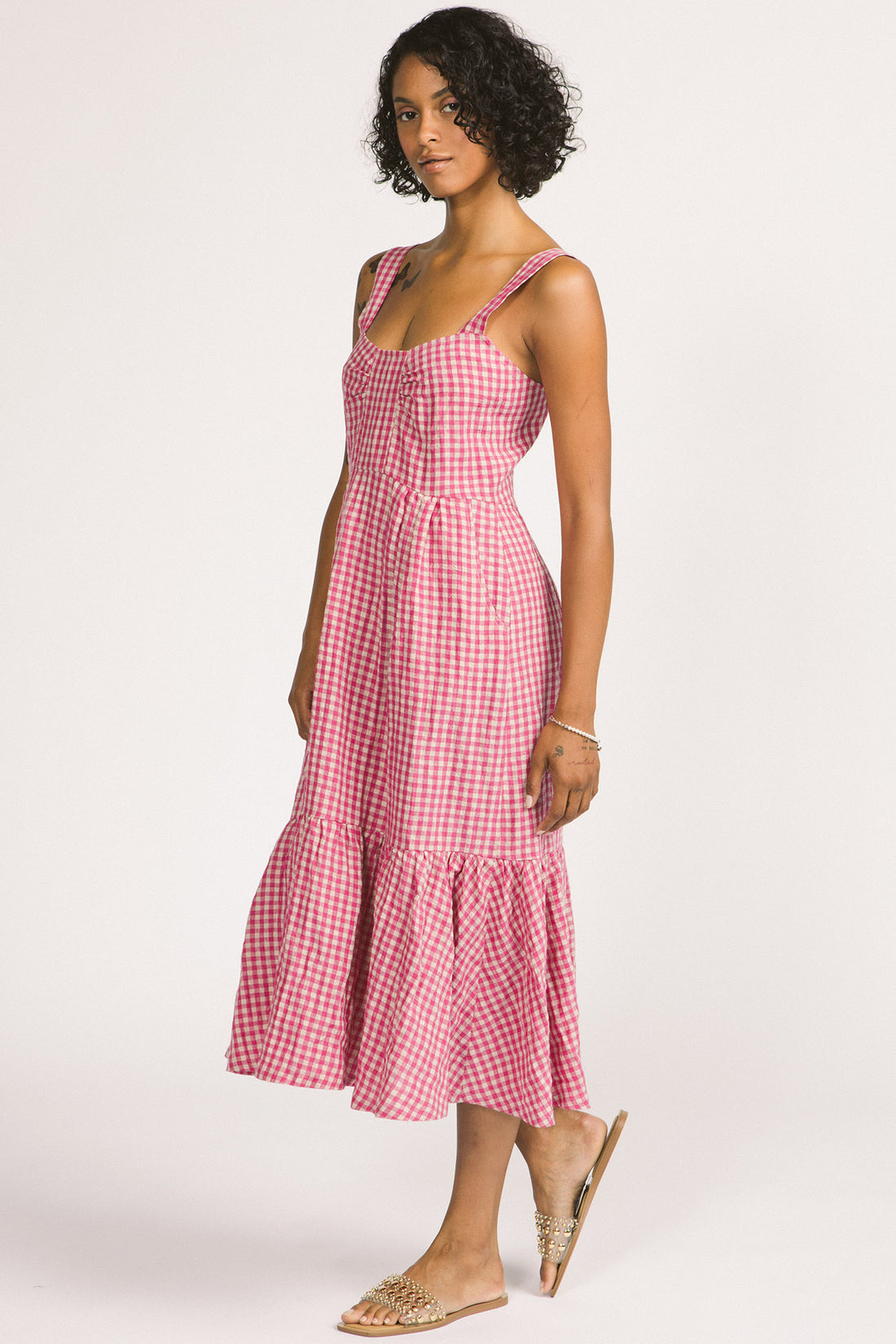 Calista Dress by Allison Wonderland, Pink Gingham, wide straps, sweetheart neckline, gathers at bust and waist, ruffled hem, pockets, 100% linen, sizes 2-12, made in Vancouver