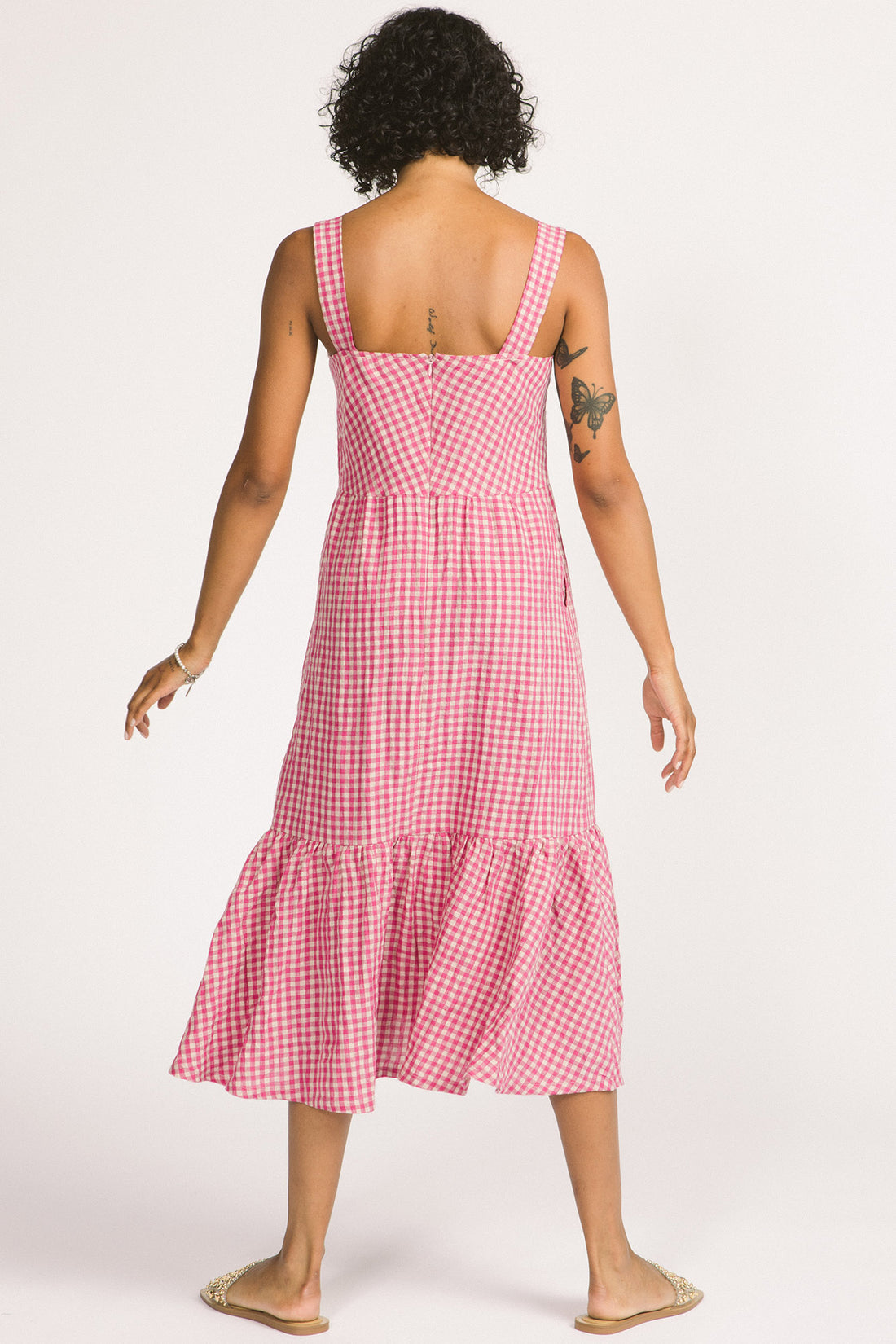 Calista Dress by Allison Wonderland, Pink Gingham, back view, wide straps, sweetheart neckline, gathers at bust and waist, ruffled hem, pockets, 100% linen, sizes 2-12, made in Vancouver
