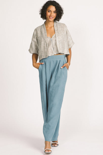 Nemy Shrug by Allison Wonderland, Sequins, wide elbow length sleeves, boxy fit, cropped length, sizes 2-12, made in Vancouver