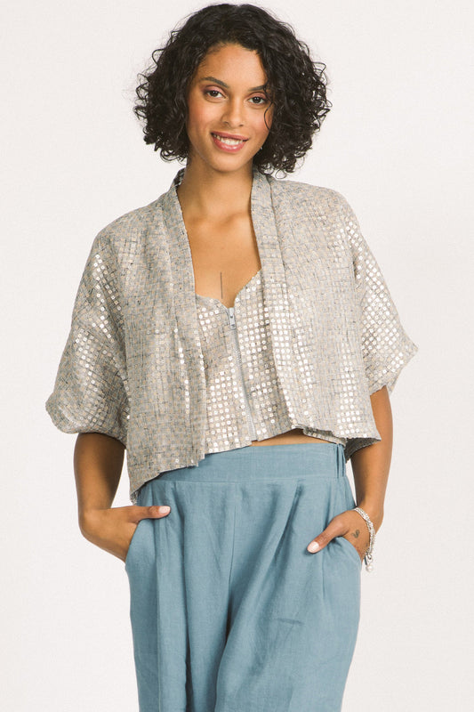 Nemy Shrug by Allison Wonderland, Sequins, wide elbow length sleeves, boxy fit, cropped length, sizes 2-12, made in Vancouver