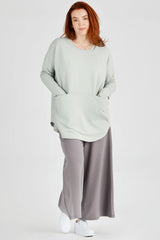 Anaella Top by Advika, Sage, oversized, relaxed fit, pouch pockets, rounded hem, tencel, organic cotton, sizes S to XL, made in Canada 