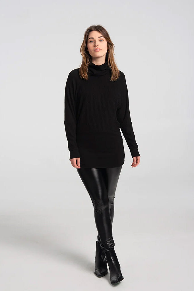 Arlo Turtleneck by Kollontai, Black, turtleneck, mid-thigh length, long sleeves, lightweight knit, cable texture on turtleneck, chest and lower sleeves, sizes XS to XXL, made in Montreal