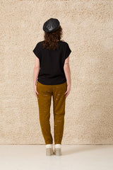 Billy Top by Cokluch, Black, back view, round neck, short dropped sleeves, hi-low hemline, side slits, eco-fabric, rayon, sizes XS to XL, made in Montreal