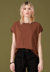 Billy Top by Cokluch, Sequoia, round neck, short dropped sleeves, hi-low hemline, side slits, eco-fabric, rayon, sizes XS to XL, made in Montreal