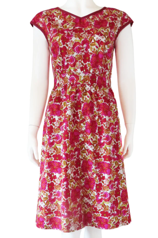 The Blythe Fit & Flare Dress by Mandala, in 5th Ave. Floral Rouge print, is show on a mannequin against a white background
