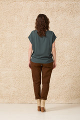 Billy Top by Cokluch, Cilantro, back view, round neck, short dropped sleeves, hi-low hemline, side slits, eco-fabric, rayon, sizes XS to XL, made in Montreal