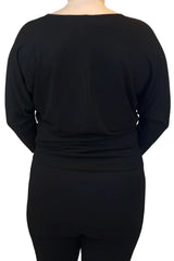 Joel Slouch Tee by Mandala, Black, back view, wide jewel neck, 3/4 dolman sleeves, slouchy fit, fitted hemline at hip sizes XS to XXL, made in Ontario