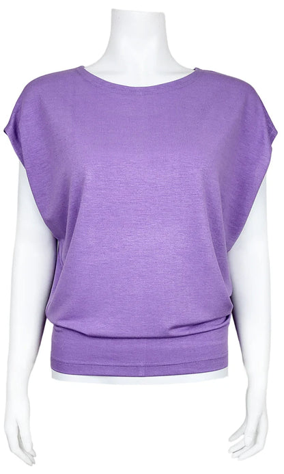 The Mandala Charlie Slouch Tee in Lavender, with a round neck, short extended sleeves, and a fitted hem, is shown on a mannequin against a white background. 