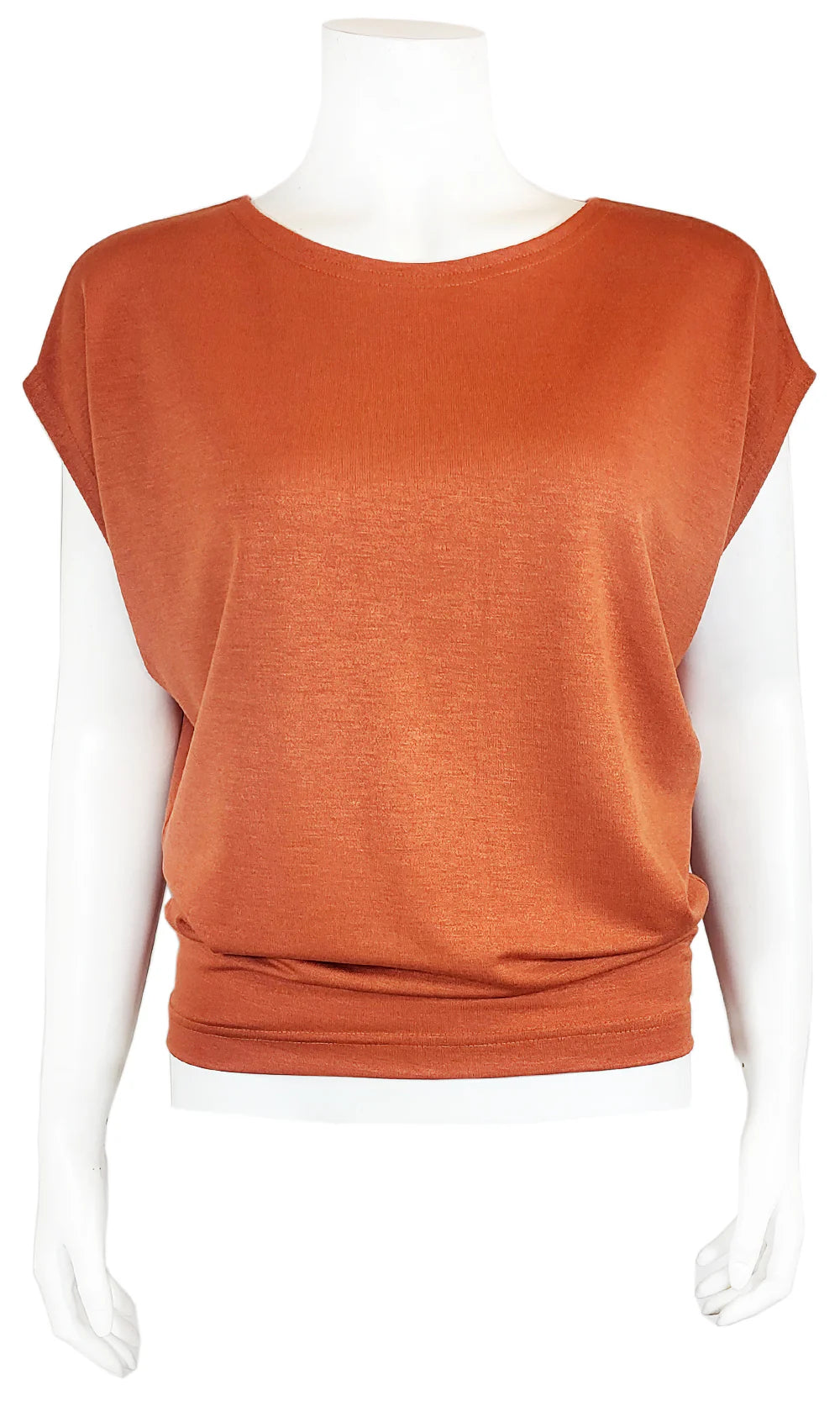 The Mandala Charlie Slouch Tee in Russet, with a round neck, short extended sleeves, and a fitted hem, is shown on a mannequin against a white background. 