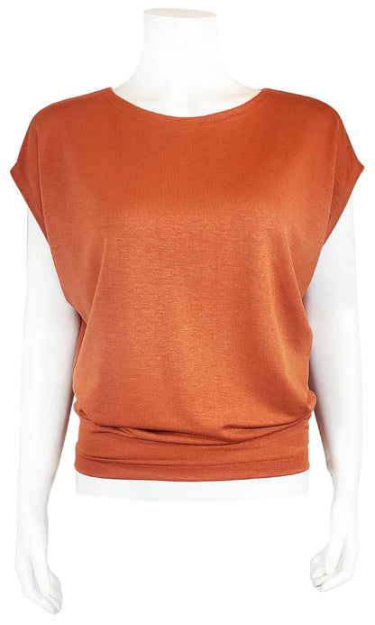 The Mandala Charlie Slouch Tee in Russet, with a round neck, short extended sleeves, and a fitted hem, is shown on a mannequin against a white background. 