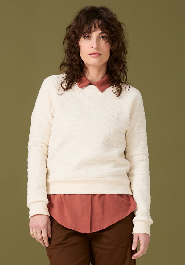 Curtis Sweater by Cokluch, Natural, round neck, raglan sleeves, ribbed collar and sleeves and cuffs, mid-hip length, sizes XS to XL, made in Montreal 
