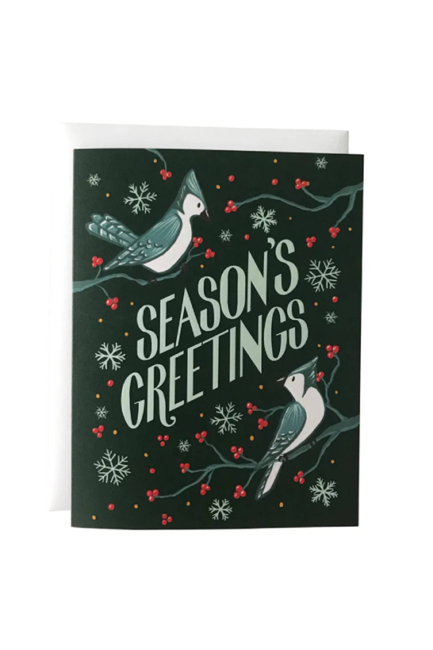 A Blue Jay Season's Greetings card from an 8-card box set by Carabara Designs is show against a white background. 