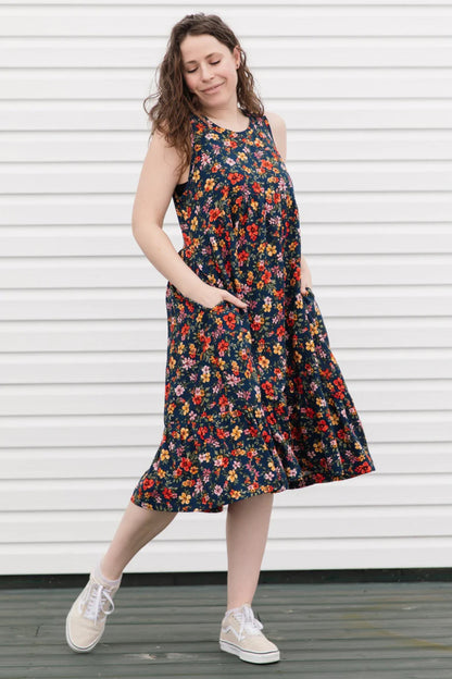Rose Dress by Copious, Floral Print, tank dress, loose fit, mid-calf length, pockets, cotton, linen, sizes XS to L, made in Ottawa