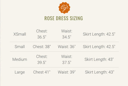 Rose Dress by Copious, Size Chart