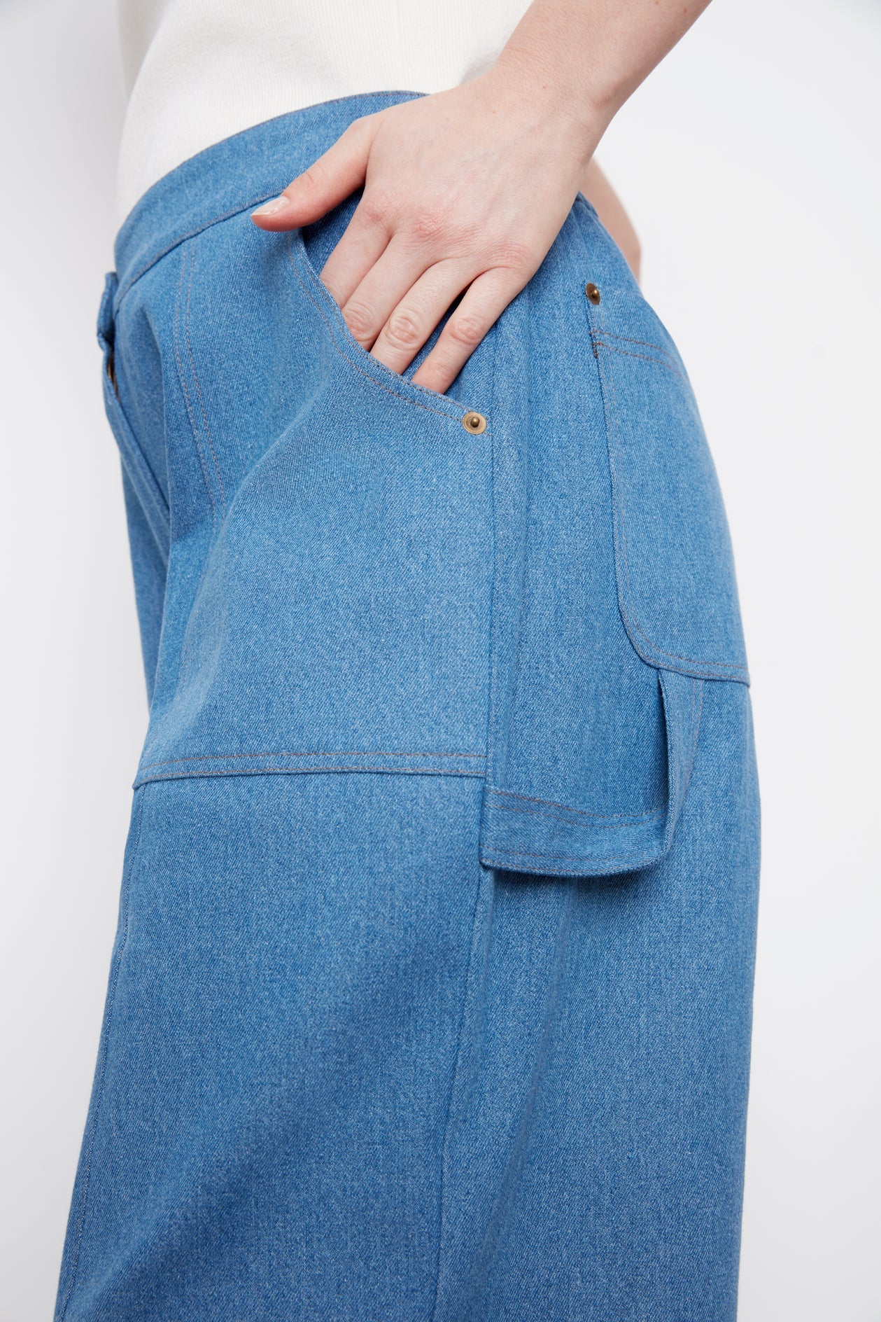 Close up detail of the carpenter loop on the Brooke Wide Leg Denim Pants by Julei
