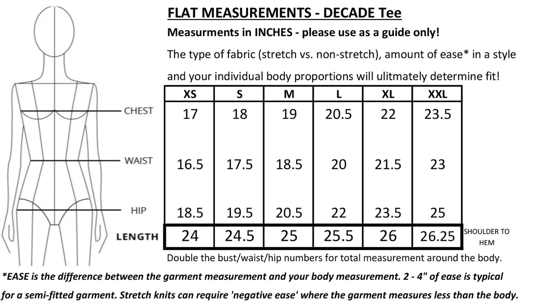 Decades Era Tee by Mandala Size Chart