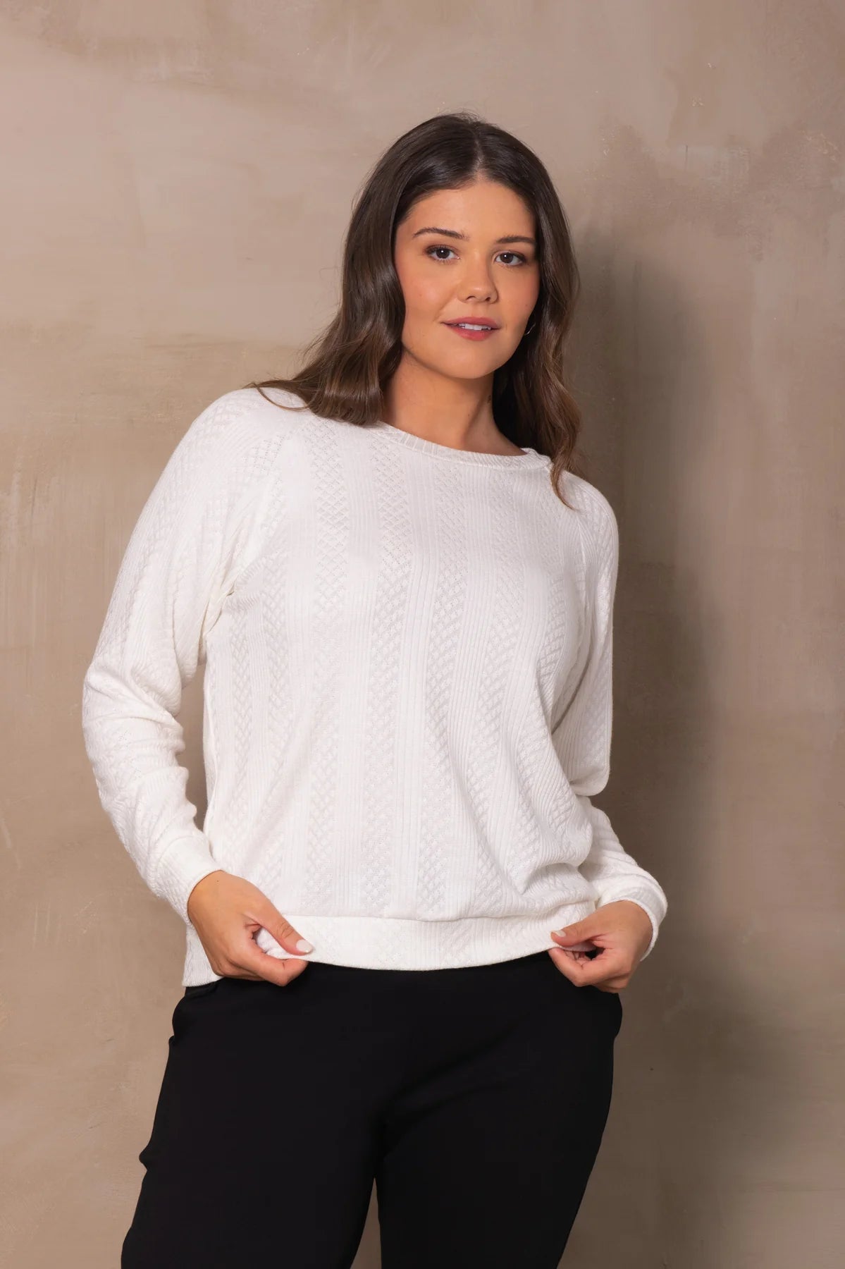 Rhea Sweater by Cokluch, Ivory, textured knit, raglan sleeves, round neck, band at hem, bamboo rayon blend, sizes XS to 3XL, made in Quebec