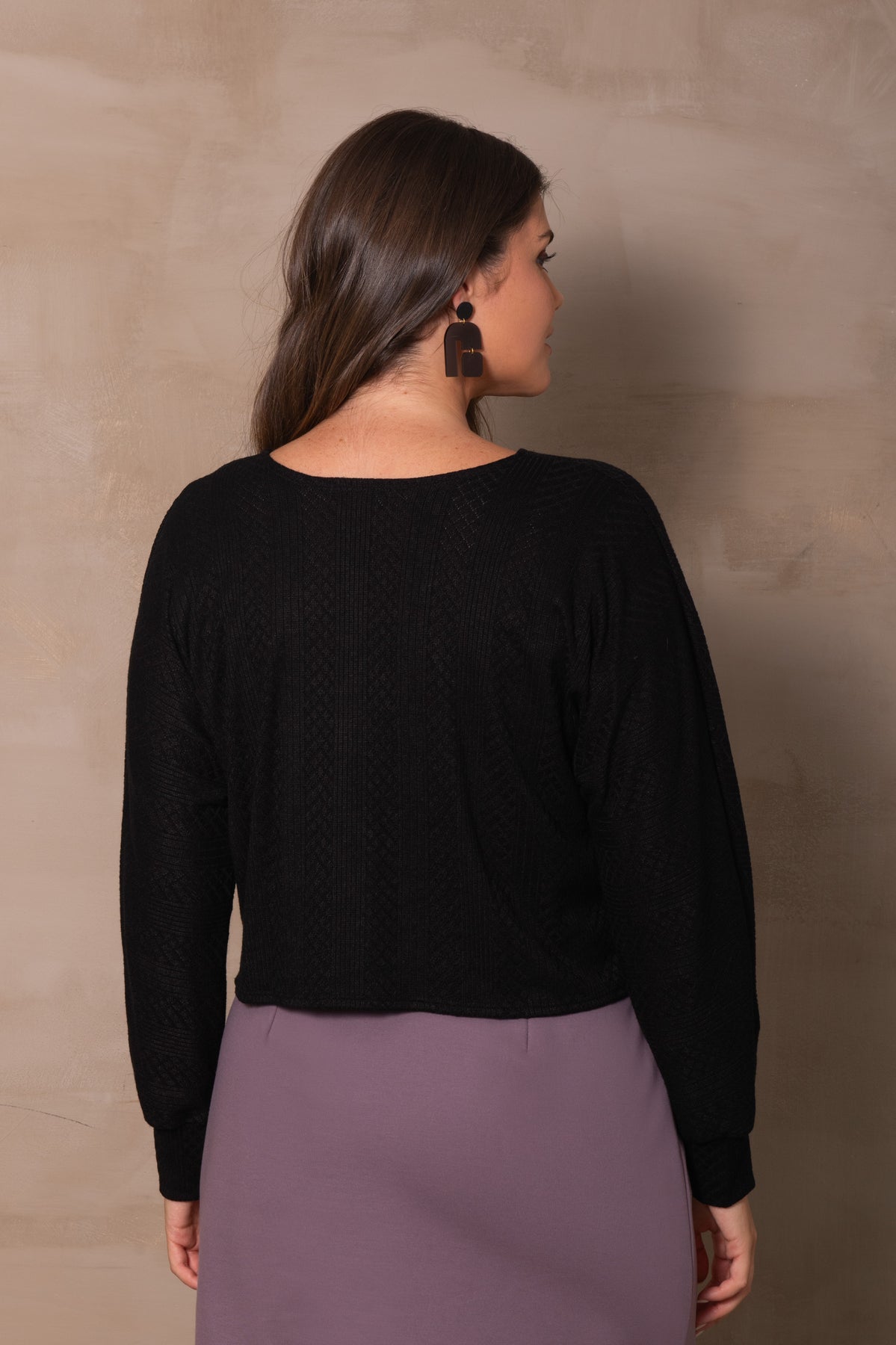Flore Sweater by Cherry Bobin, Black, back view, bamboo/cotton fleece, eco-fabric, slightly cropped, gently puffed long sleeves, sizes XS to 3XL, made in Montreal