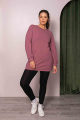 Gaia Tunic by Cherry Bobin, Pink, cotton/bamboo fleece, round neck, long sleeves with gathers at cuff, mid-thigh length, slightly loose fit, eco-fabric, sizes XS to 3XL, made in Montreal