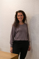 Flore Sweater by Cherry Bobin, Merino Eggplant, slightly cropped, gently puffed long sleeves, merino blend, sizes XS to 3XL, made in Montreal