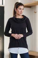 Duchesnay Tunic by Rien ne se Perd, Black, large drop collar, long sleeves, faux white button down shirt at front hem, sizes XS to XXL, made in Quebec