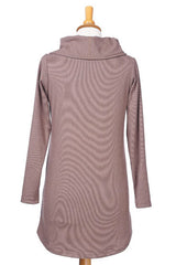 Duchesnay Tunic by Rien ne se Perd, Taupe, back view, large drop collar, long sleeves, faux white button down shirt at front hem, sizes XS to XXL, made in Quebec