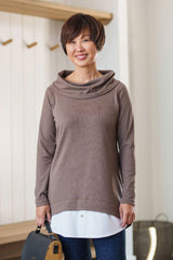 Duchesnay Tunic by Rien ne se Perd, Taupe, large drop collar, long sleeves, faux white button down shirt at front hem, sizes XS to XXL, made in Quebec