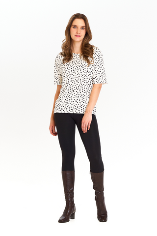 Emma Polka Dot Top by EMK, Black and White, dolman style, short sleeves, rounded hi-low hemline, eco-fabric, bamboo rayon, cotton, sizes XS to 4XL, made in Winnipeg