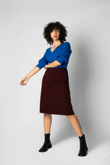 Hawn Skirt by Eve Lavoie, Burgundy, straight skirt, stretchy waistband, below the knee, slit at back, organic cotton, sizes XS to XL, made in Montreal