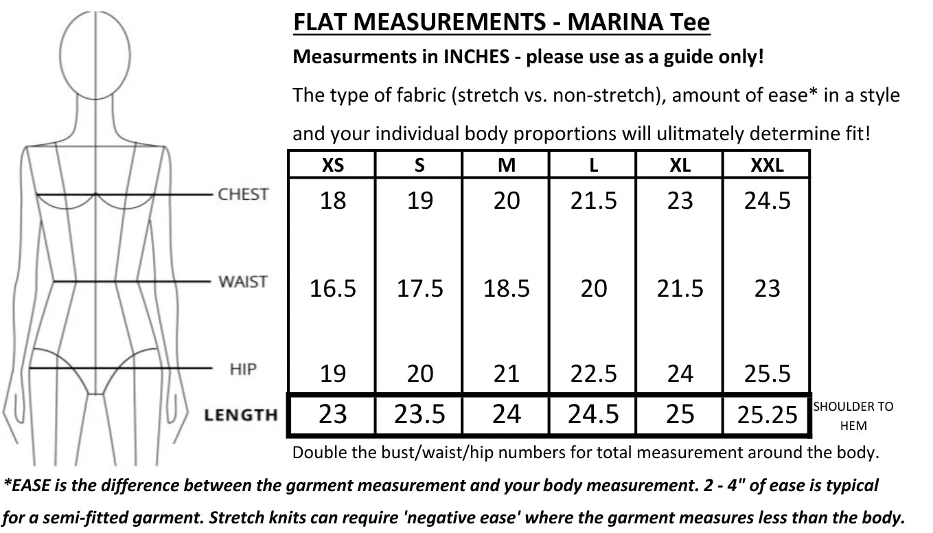 Measurement chart for Mandala's Marina Deep Sea Tee with body outline and size guide.