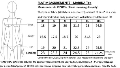 Measurement chart for Mandala's Marina Deep Sea Tee with body outline and size guide.