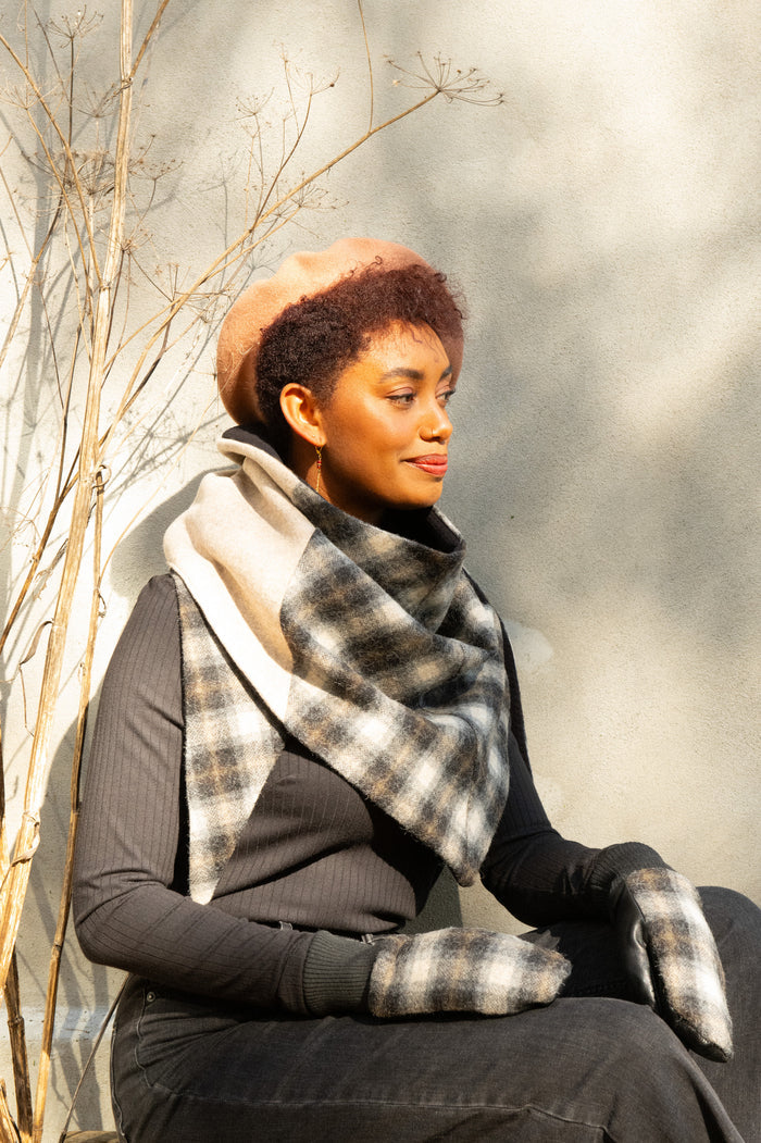 Jane Scarf by Kazak, Grey and Cream, wool exterior, soft knit interior, made in Montreal