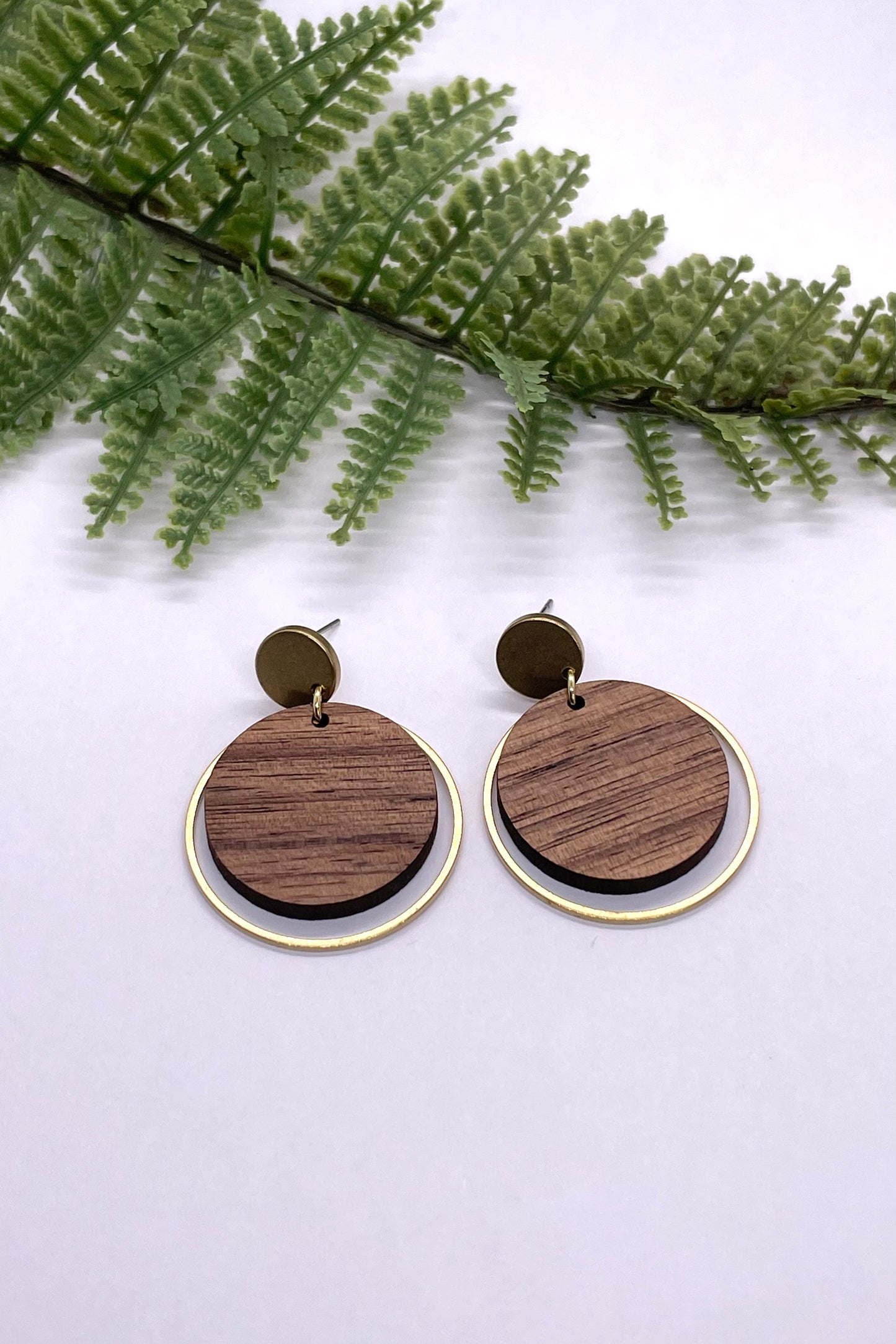 Violet Wood & Brass Circle Earrings