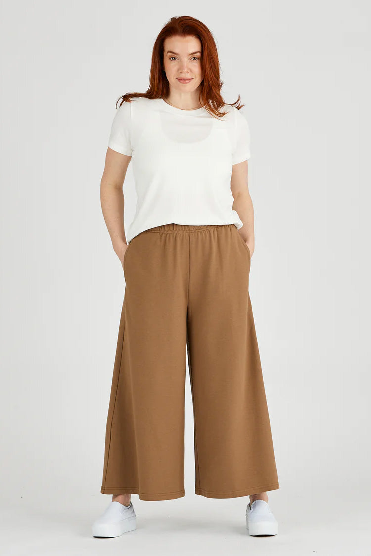 Gaucho Pant by Advika, Americano, very wide leg, cropped length, elastic waist, side pockets, bamboo and cotton blend, eco-fabric, sizes S to XXL, made in Canada 