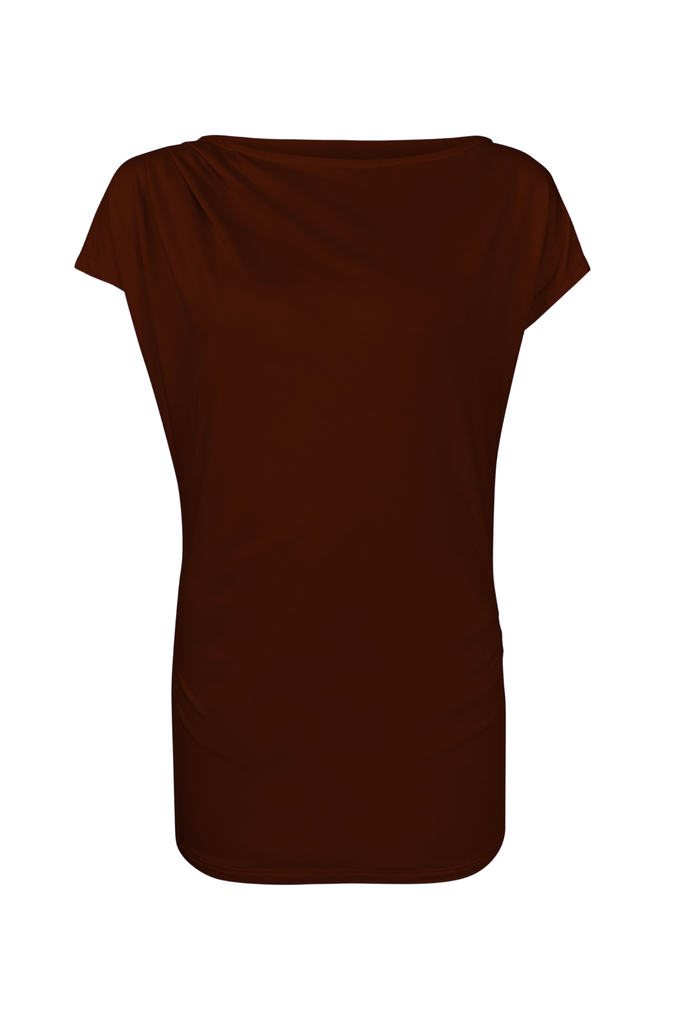 Gentianne Top by Melow, Mahogany, pleats at shoulder and hip, short extended sleeves, hem can be pulled up or down, eco-fabric, bamboo-rayon, OEKO-TEX certified, sizes XS to L, made in Montreal
