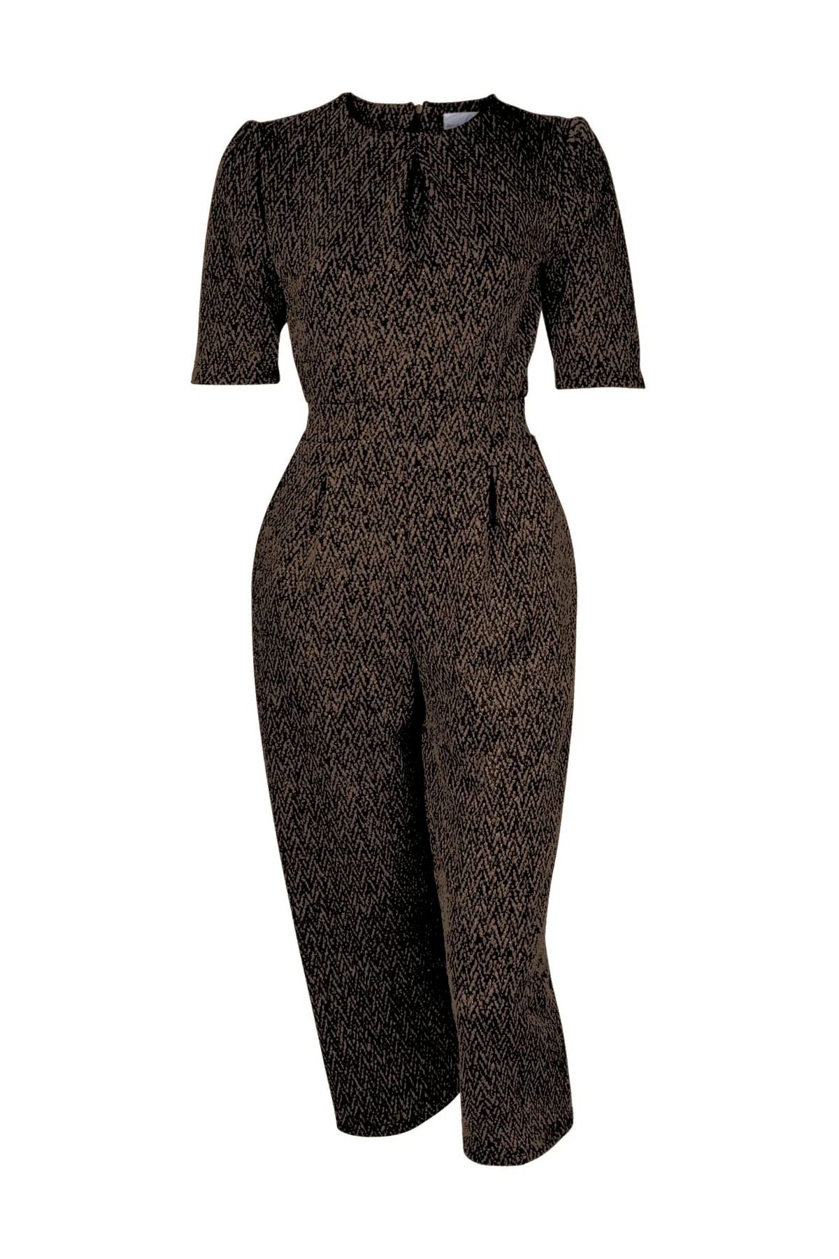 Herman Jumpsuit by Melow, Black slightly puffed shoulders, elbow length sleeves, defined elastic waist, 7/8 length wide legs, zipper at back, side pockets, sizes XS to XXL, made in Montreal 