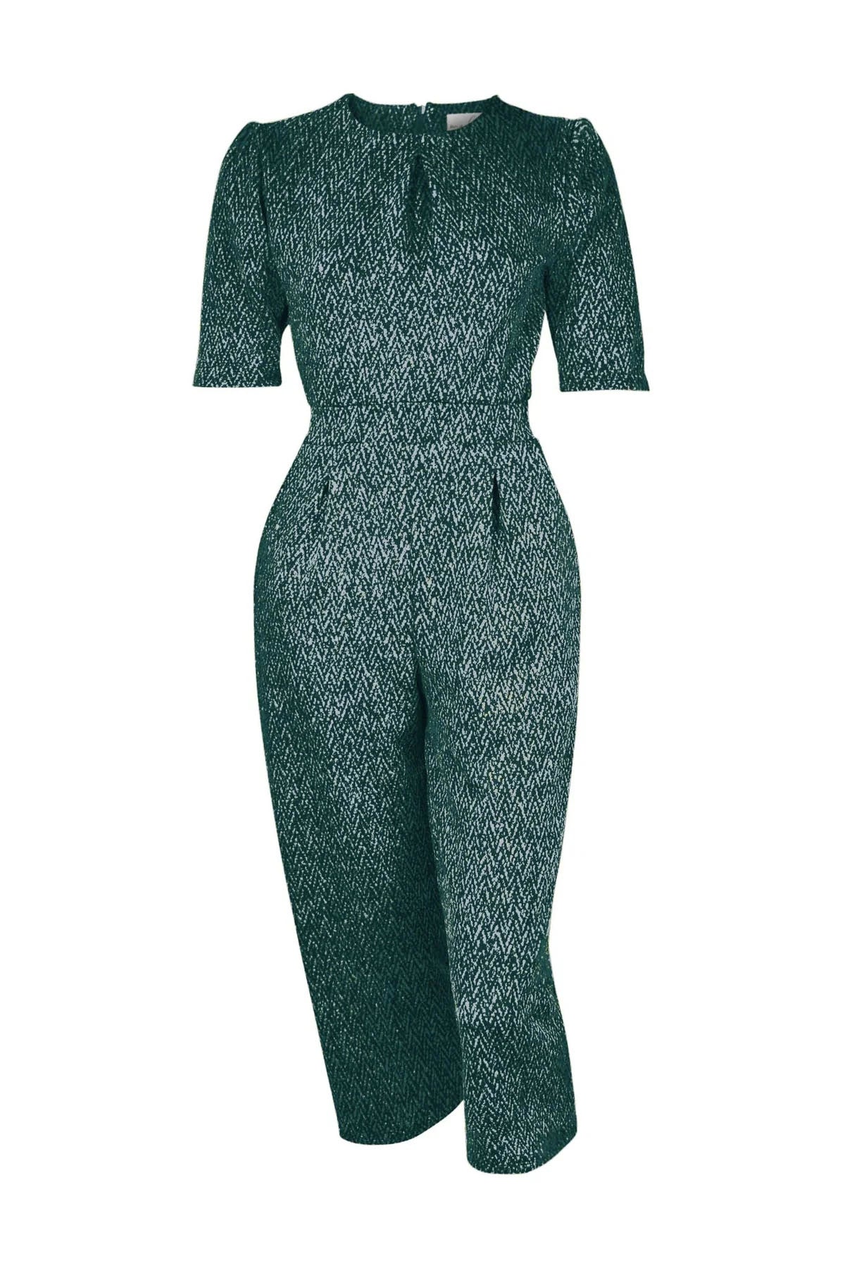 Herman Jumpsuit by Melow, Teal, slightly puffed shoulders, elbow length sleeves, defined elastic waist, 7/8 length wide legs, zipper at back, side pockets, sizes XS to XXL, made in Montreal 
