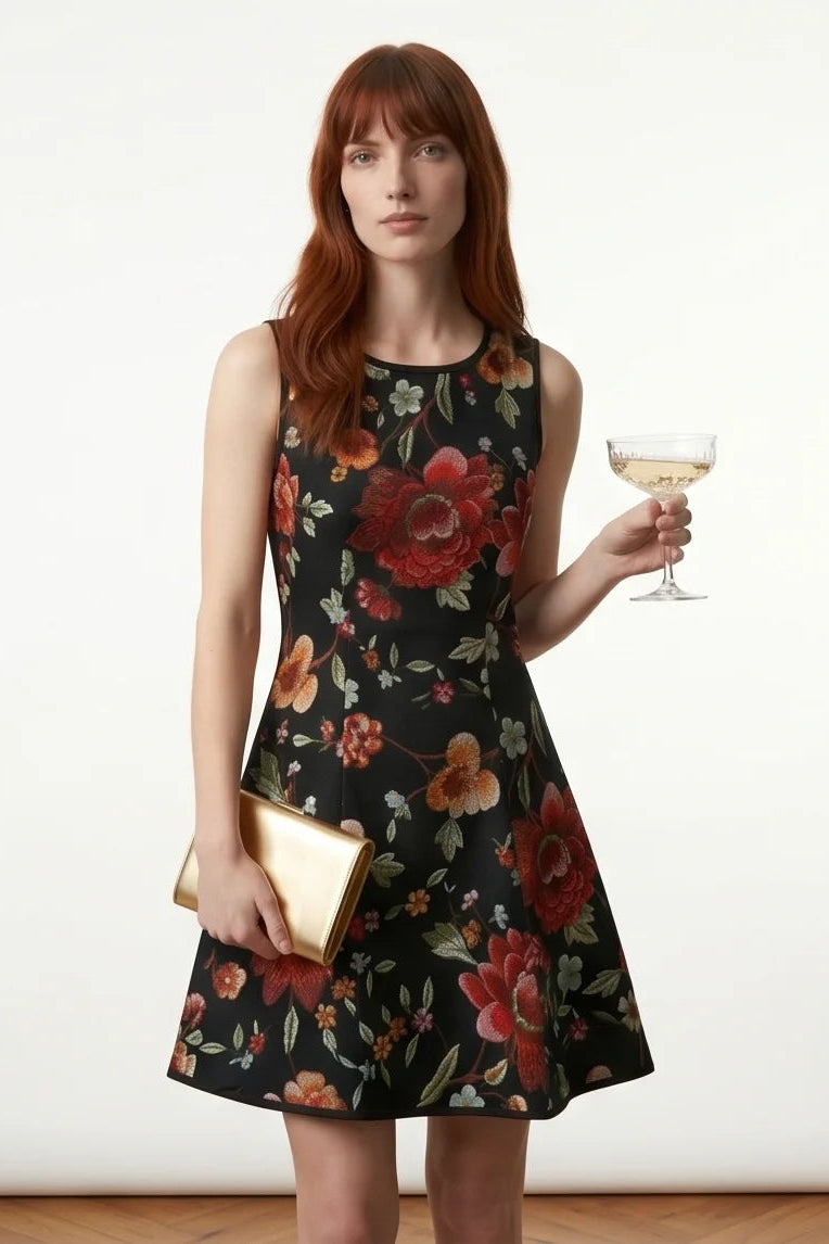 A woman wearing the Silba Dress FW26/27 by Kollontai in Black Floral, a short sleeveless dress with princess seams and an above the knee skirt. She is holding a cocktail and standing against a white background. 