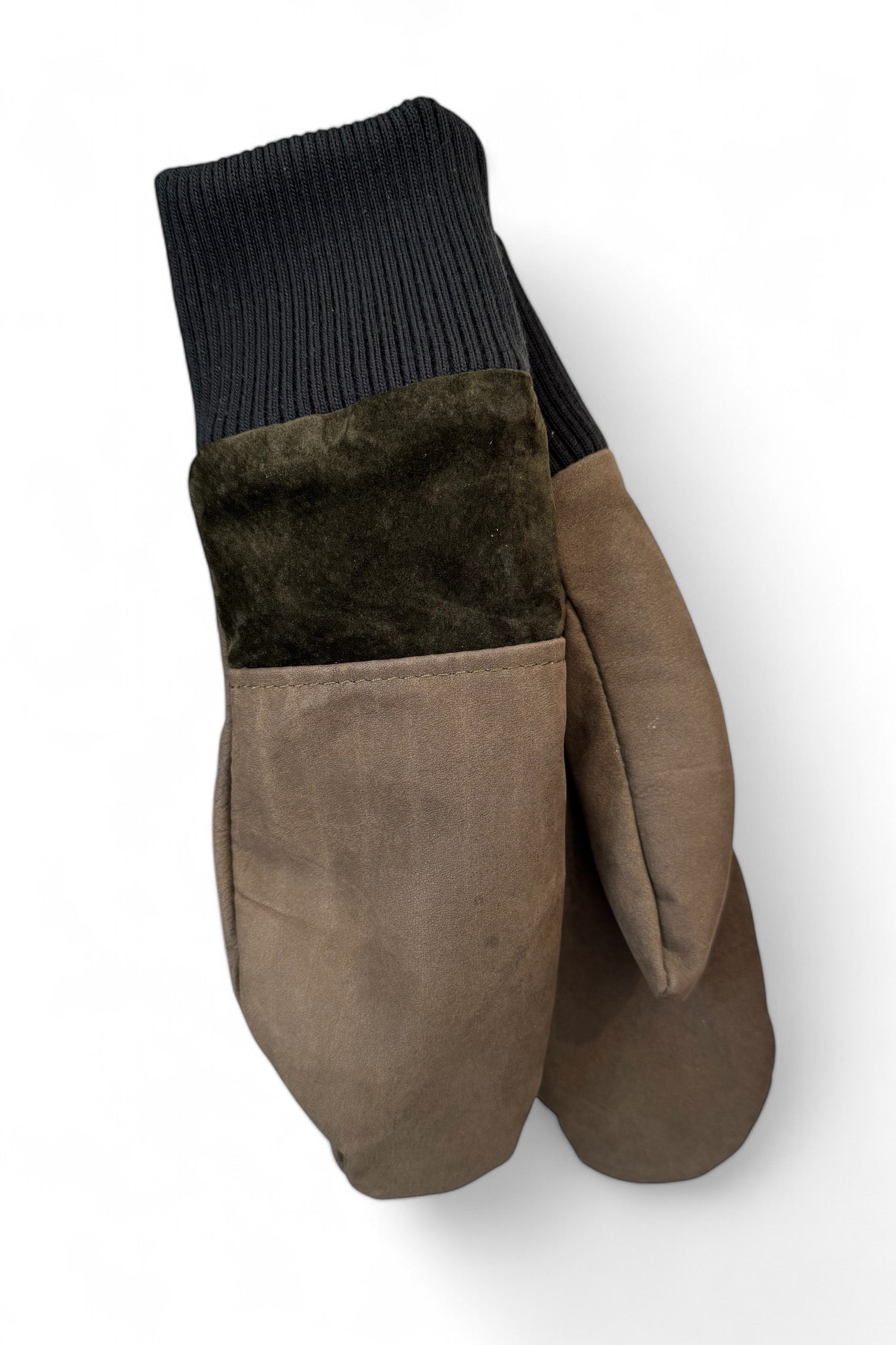 Lhasa Mittens by Kazak in Olive, featuring recycled leather, ribbed knit cuffs, and fleece lining. 