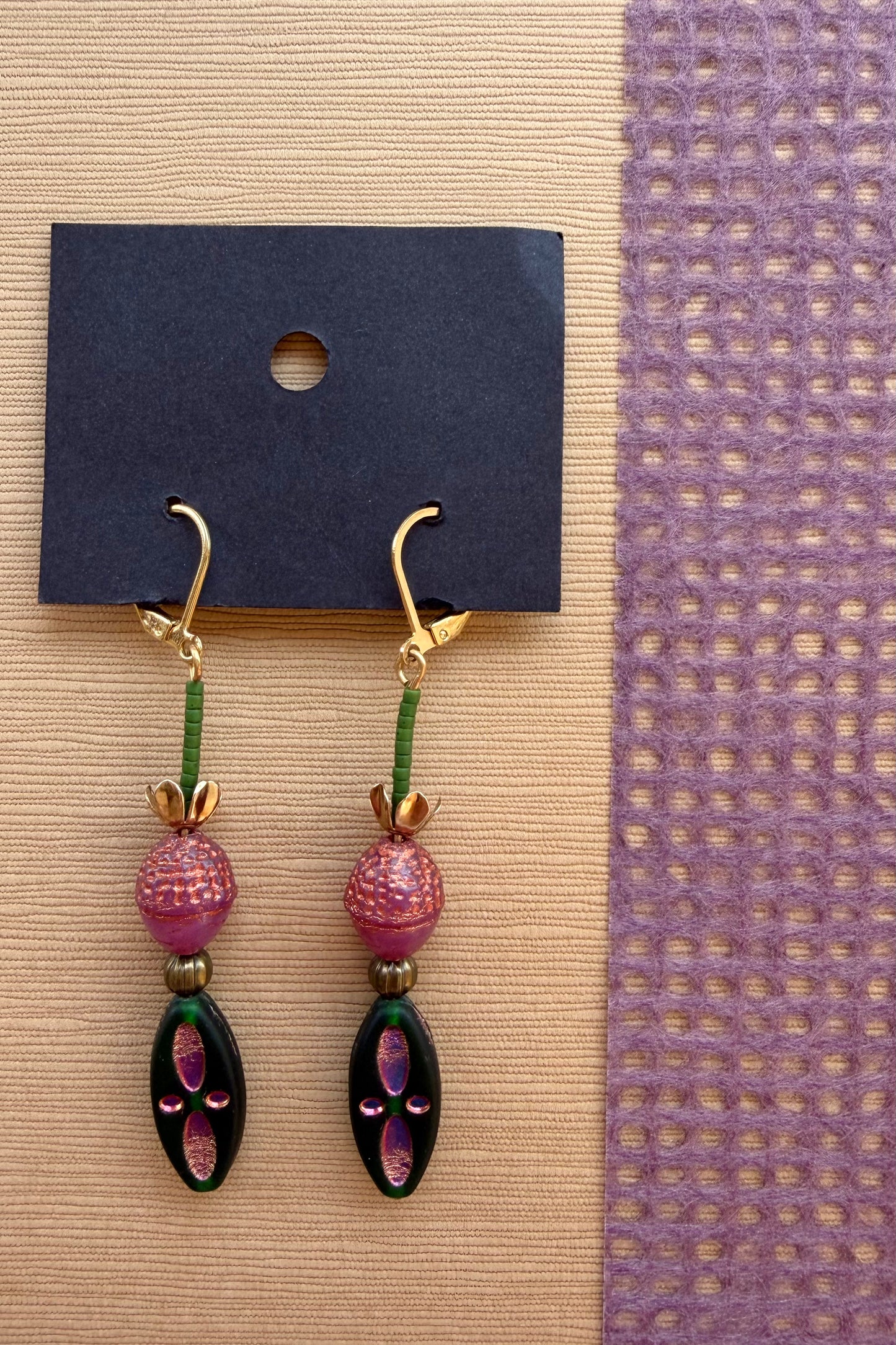 Beaded Czech Glass Earrings - Pink Acorn/Green Diamond