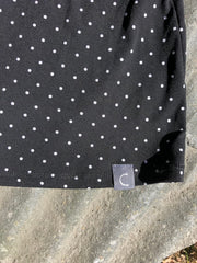 Aloha Skirt by Marie C, short skirt, Black with Dots, Ponte di Roma fabric, sizes XS to XL, Made in Quebec