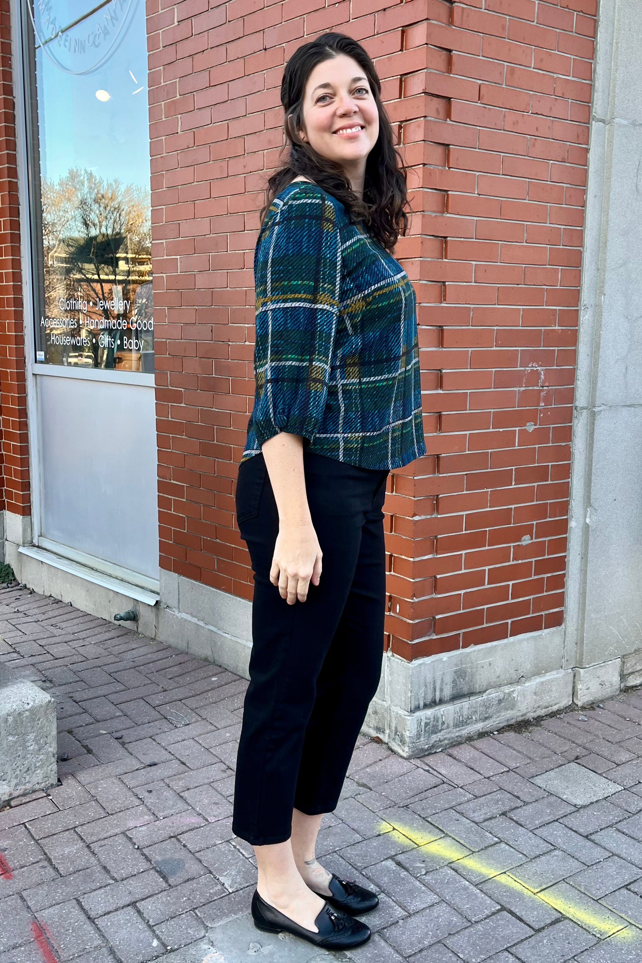 Solo Plaid Blouse by Mandala, Blue, wide neck, 3/4 sleeves with gathered cuff and covered button detail, back yoke, french darts, rounded hem, loose fit, sizes XS to L, made in Ontario