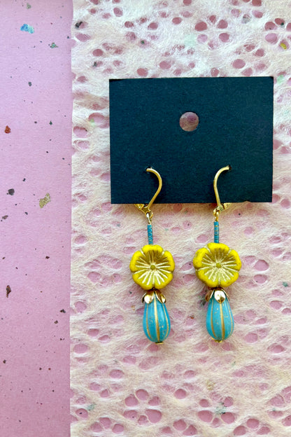 Beaded Czech Glass Earrings - Yellow Flower/Blue Teardrop