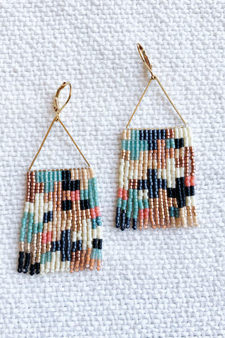 Val Fringe Earrings - Patchwork Cross Pinks and Blues