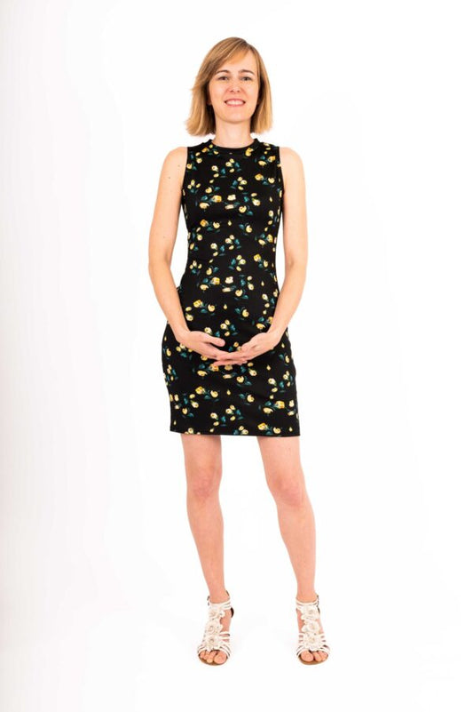 Nadia Dress by Infime, Black Floral, sleeveless, high neck, body-con, fitted, above the knee, ribbed knit, sizes XS to XL, made in Quebec 