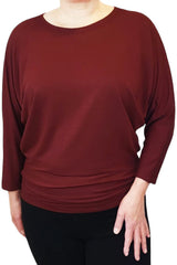 Joel Slouch Tee by Mandala, Porto, wide jewel neck, 3/4 dolman sleeves, slouchy fit, fitted hemline at hip sizes XS to XXL, made in Ontario
