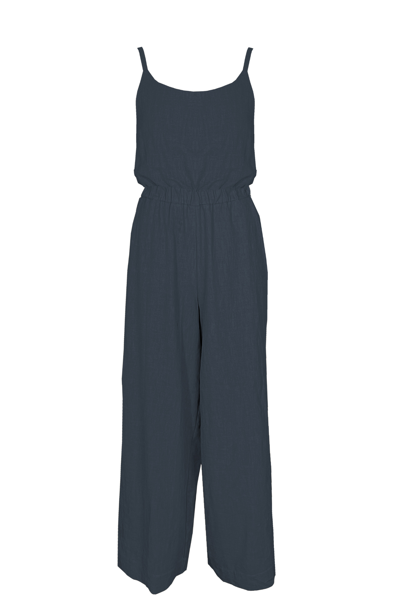The Kasim Jumpsuit by Melow in Slate, featuring spaghetti straps, an elastic waist, wide full-length legs, and side pockets, is shown against a white background. 
